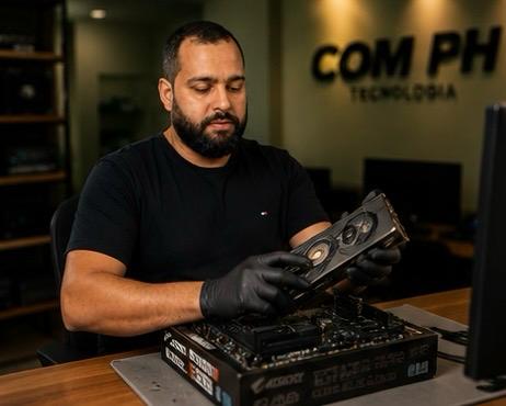 Especialista da COM PH Tecnologia cuidando de um equipamento na bancada